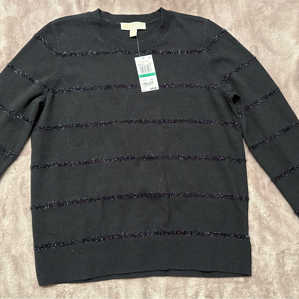 Michael Kors Women's Wool Cotton Blend Holiday Sparkle Sweater Black Pullover L